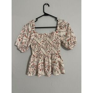 Loness Floral Smocked Peplum Top Square Neck Puff‎ Sleeve Blouse XS